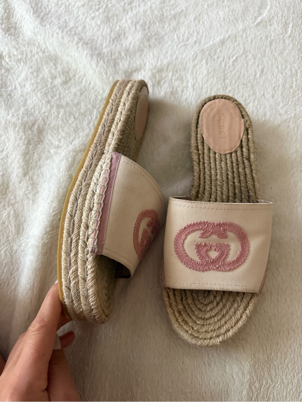 Gucci Interlocking GG Pink Canvas Espadrille Slide Sandals EU 39.5